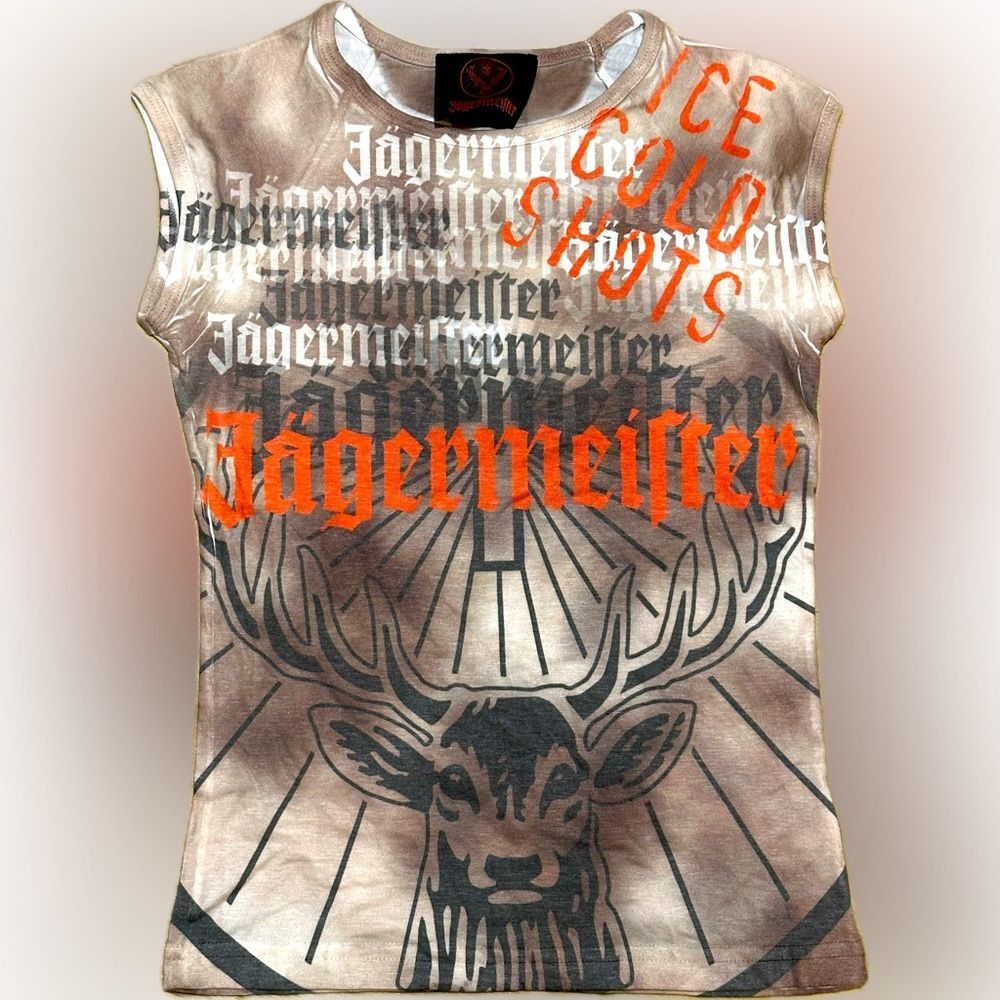 Vintage Jagermeister Sleeveless Top Y2K Ice Cold Shots Stag Graphic Brown Small
